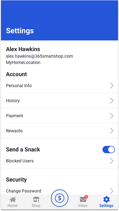 365Pay App - Settings with Send a Snack engaged