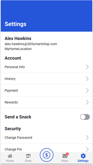 365Pay App - Settings page with Send a Snack turned off