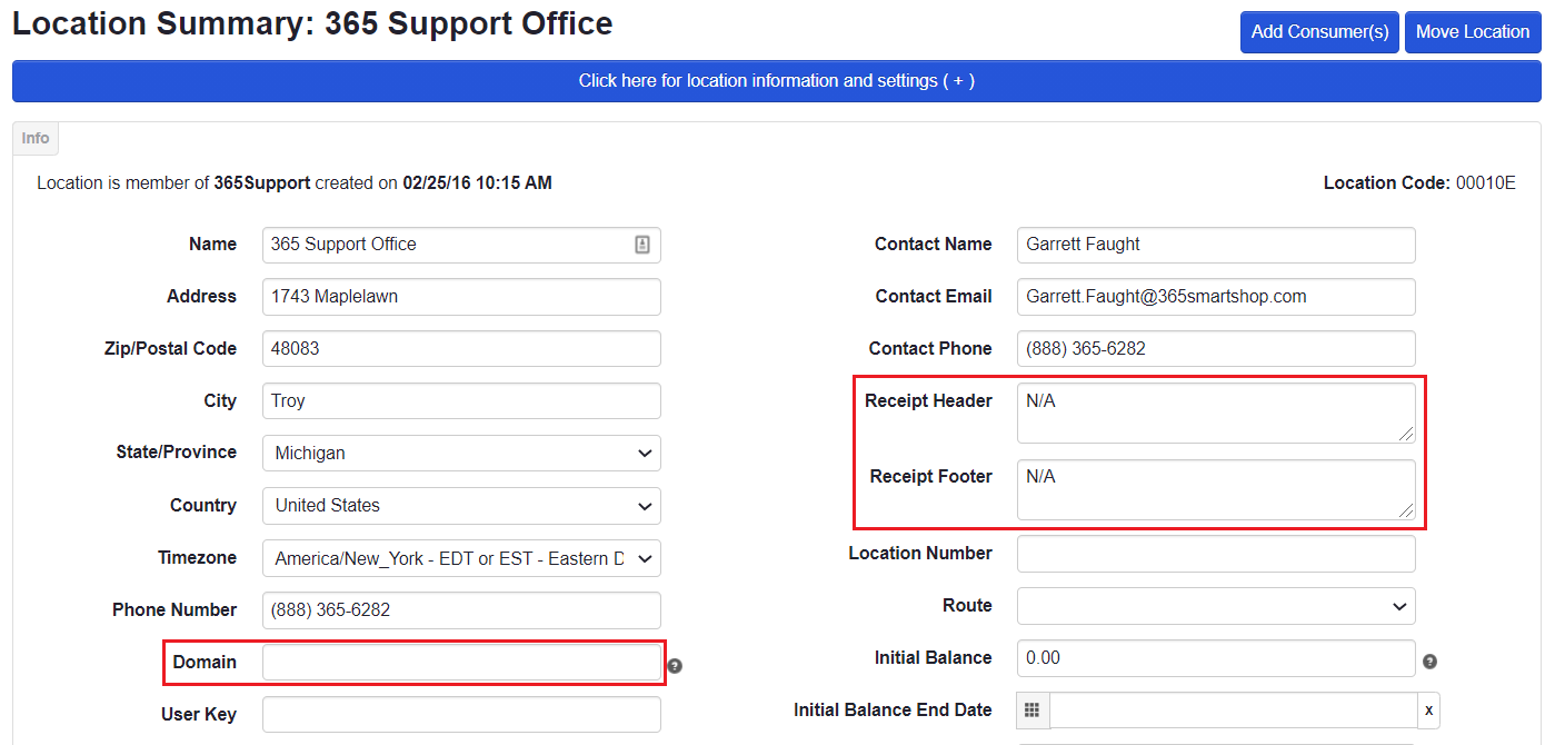 ADM - Location Summary - Domain and Receipt Header highlighted
