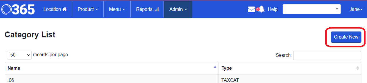 ADM - Category List - Create New Button highlighted