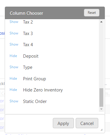 365Dining Order Ahead Column Chooser
