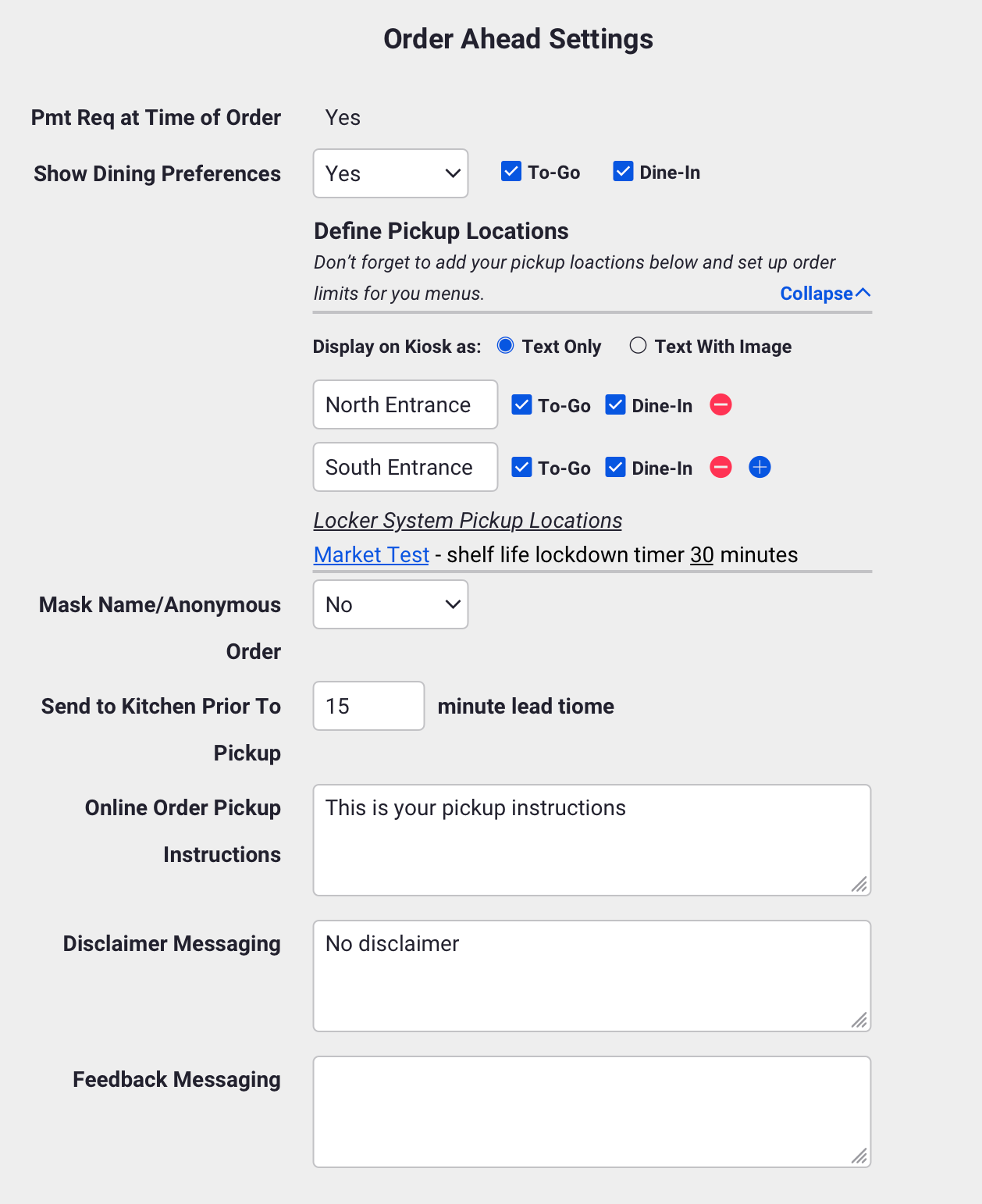 ADM - OrderAhead settings