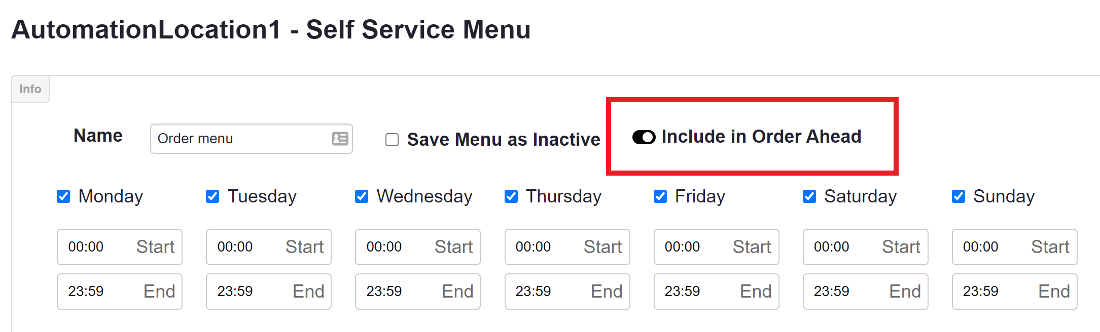 ADM - Self Service Menu - Include in Order Ahead selected