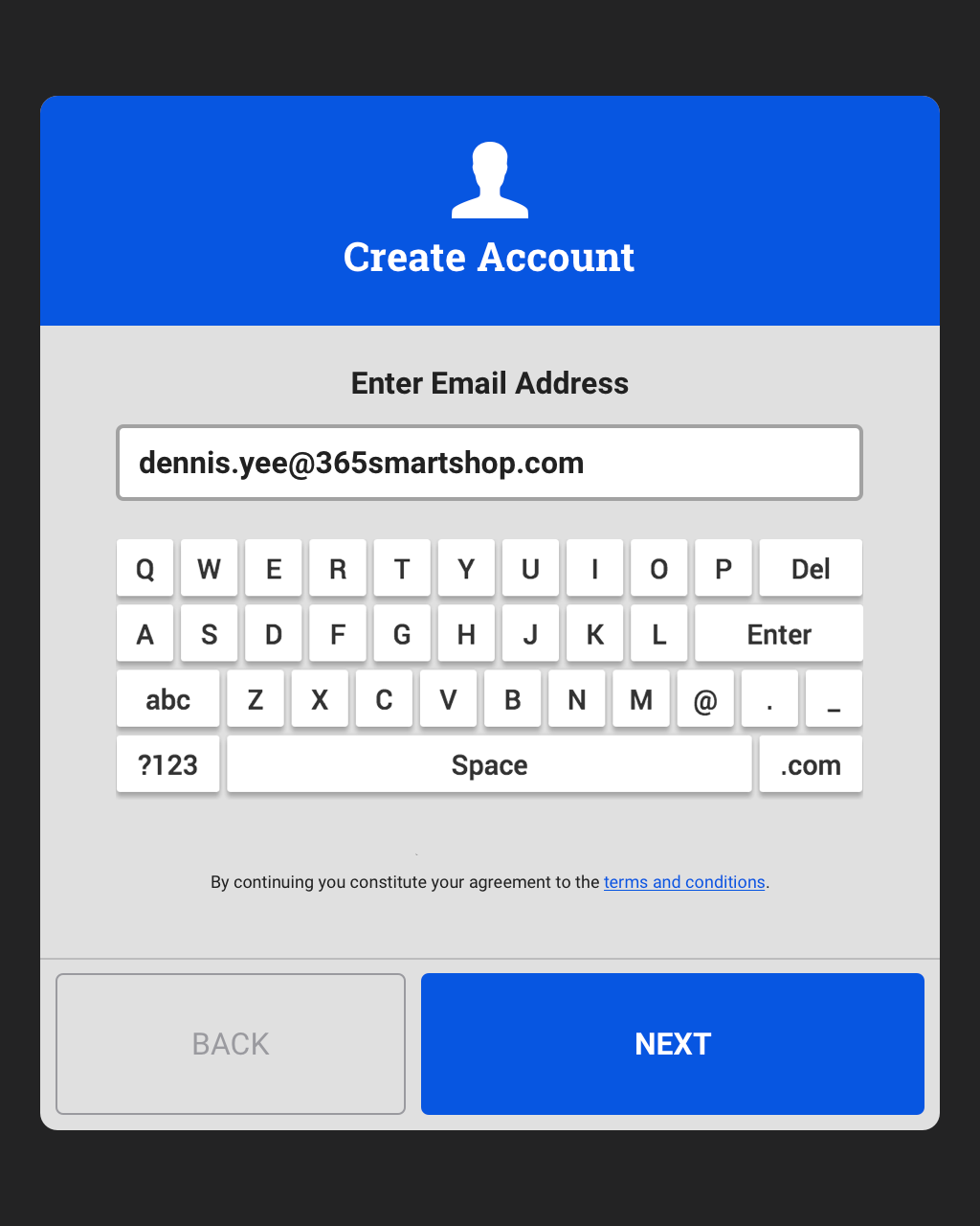 V5 Kiosk - Account Creation process - Enter Email