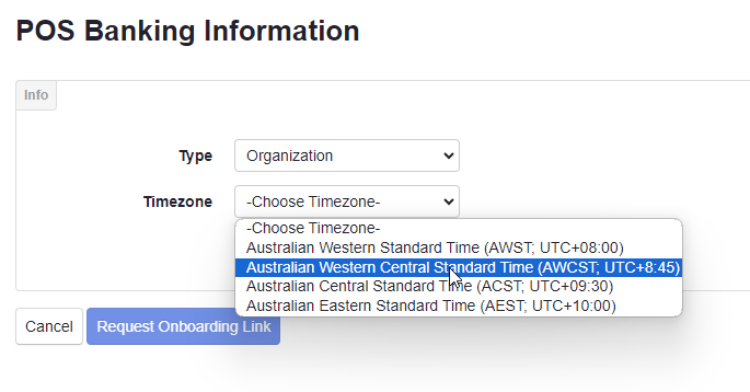 ADM - Admin - POS Bank Information - Organization and Timezone selected.png