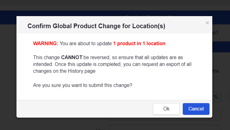 ADM - Global Product Change - Confirmation Pop-up
