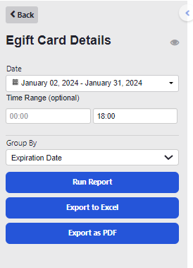 ADM - Reports - Egift Card Details selection and Filter Criteria