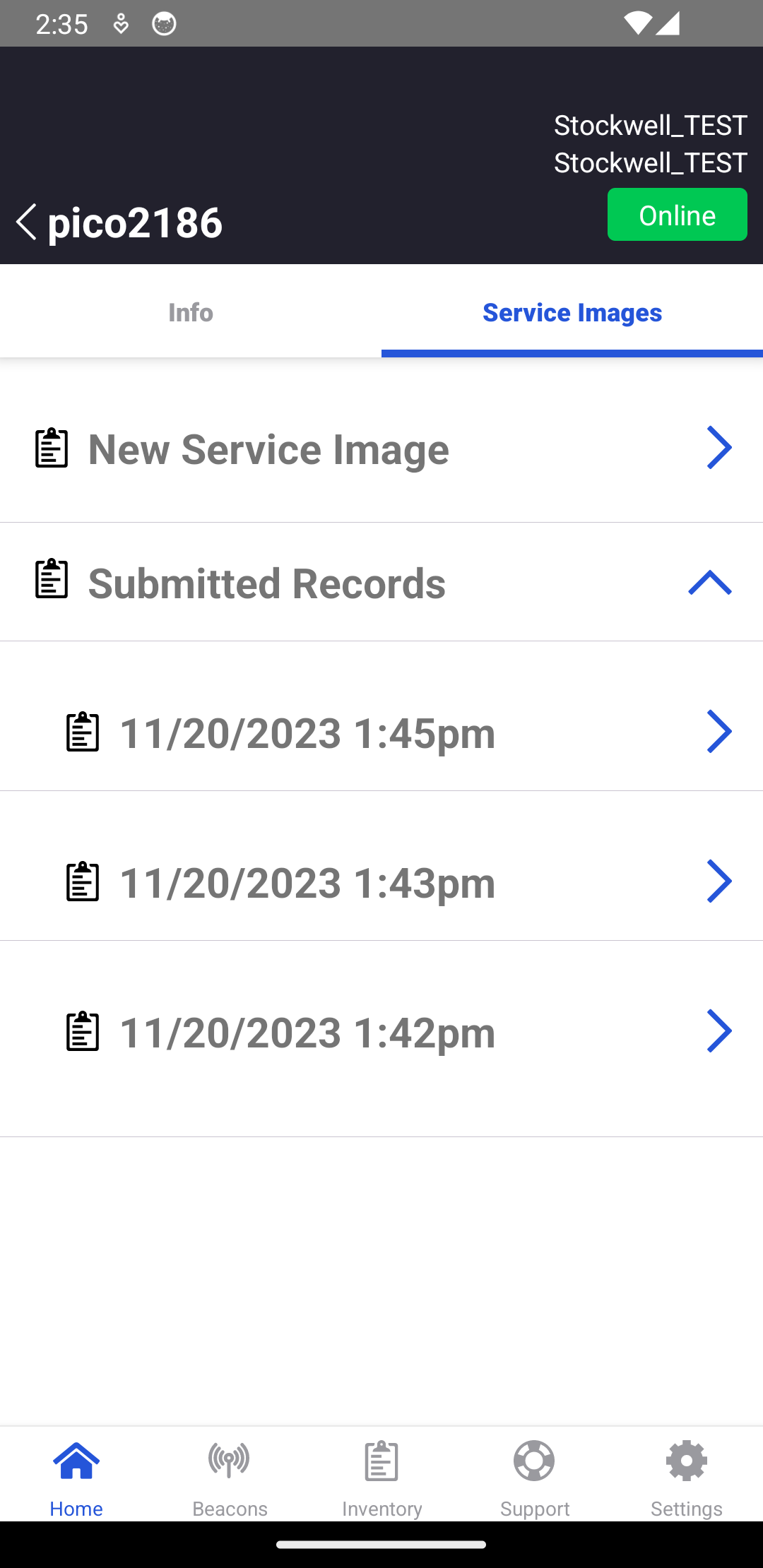 365Ops App - Service Images Tab - Submitted Records for a Stockwell Device.png