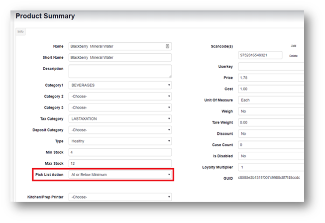 ADM - Product Summary - Pick List Action