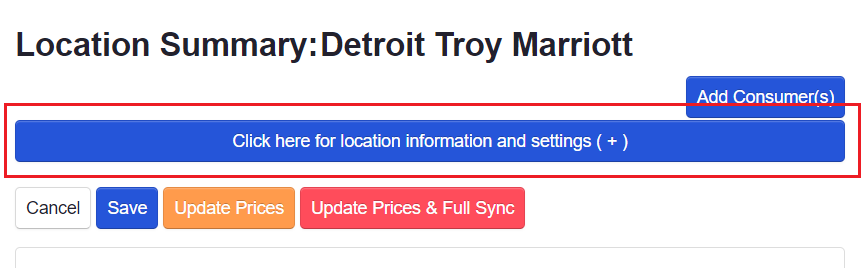 ADM - Location Summary - Click here for location information and settings button