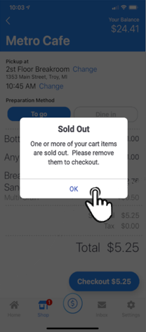 365Pay App - OrderAhead - Sold out of item example