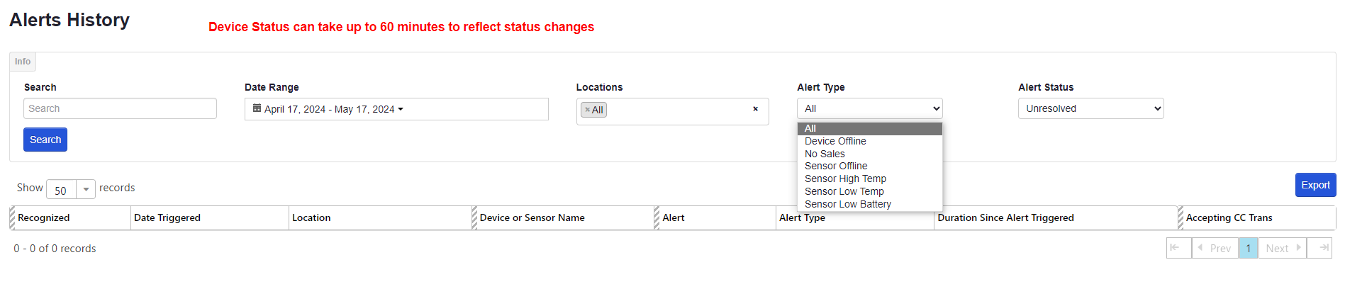 ADM - Alert History page