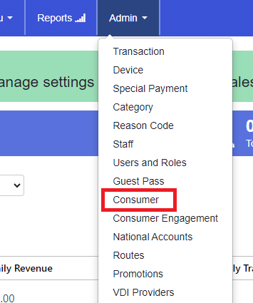 ADM - Main Menu - Admin - Consumer option highlighted