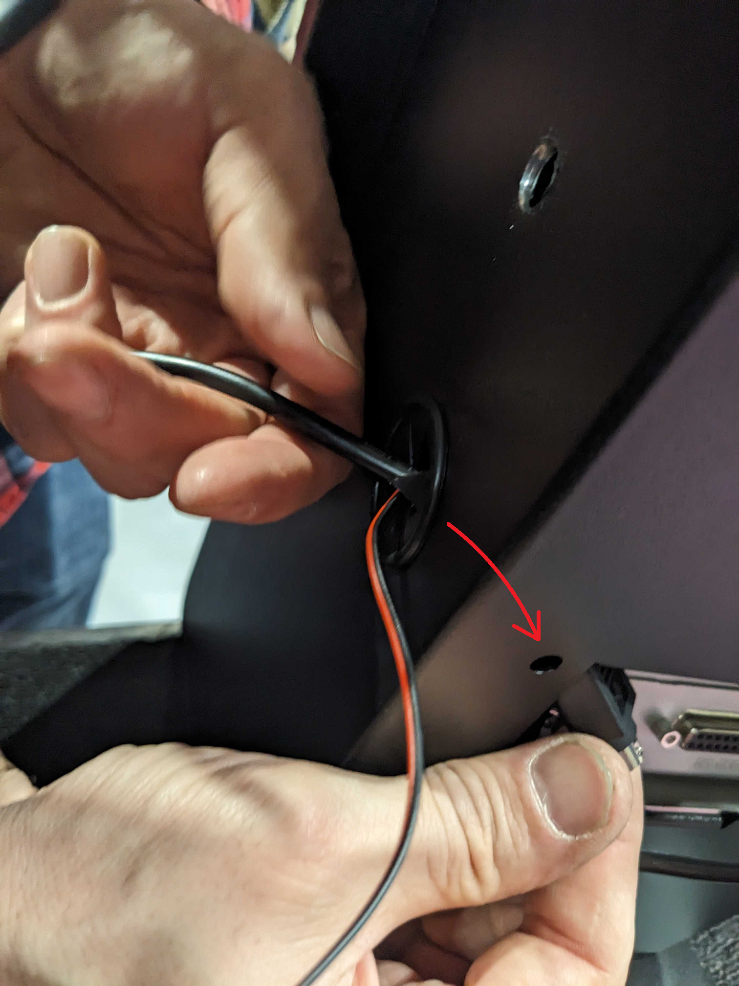 MM6 XP Installation - Printer Power brick threaded through lower cable port of XP unit, and into back panel opening.png