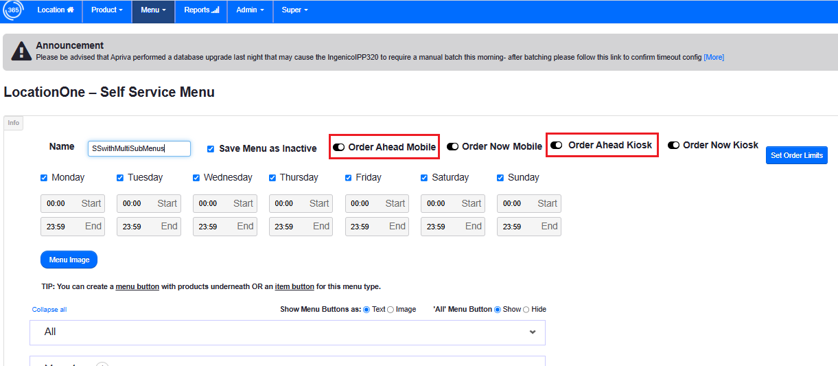 MM6 - Self Service Menu - Order Ahead Kiosk setting