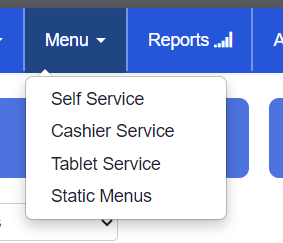ADM - Main Menu - Menu - Self Service, Cashier Service, Tablet Service, and Static Menus