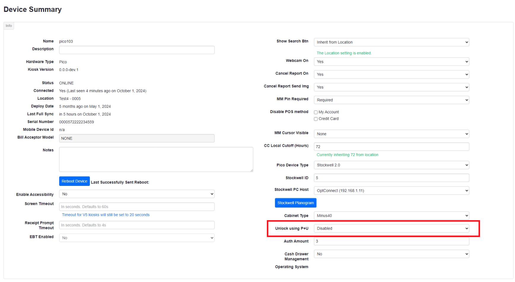 ADM - Device Summary - Unlock using P+U highlighted