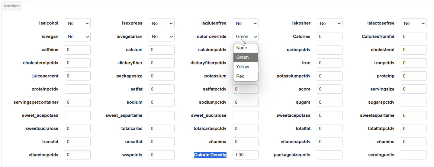 ADM - Product Summary Page - Hilighting NEW color override and Caloric Density fields..png