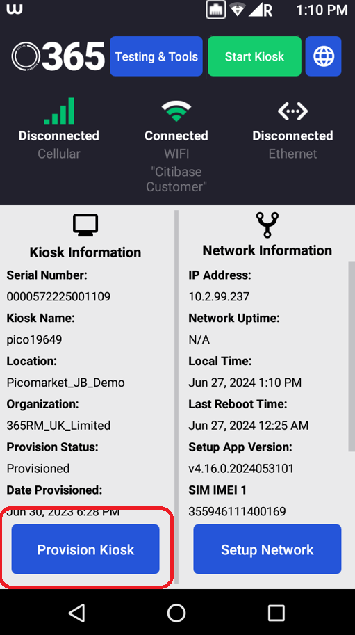 Pico UI - Driver Menu - Provision Kiosk button highlighted