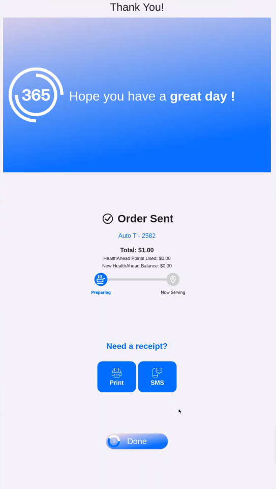 365Dining - Order Now - Kiosk Receipt