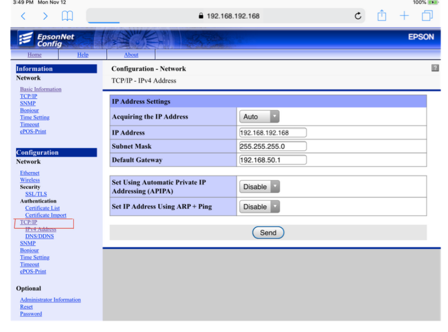 LightSpeed - Epson Printer DHCP Setting