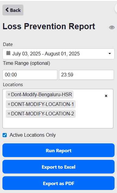 ADM - Loss Prevention Report Selection Filter Criteria