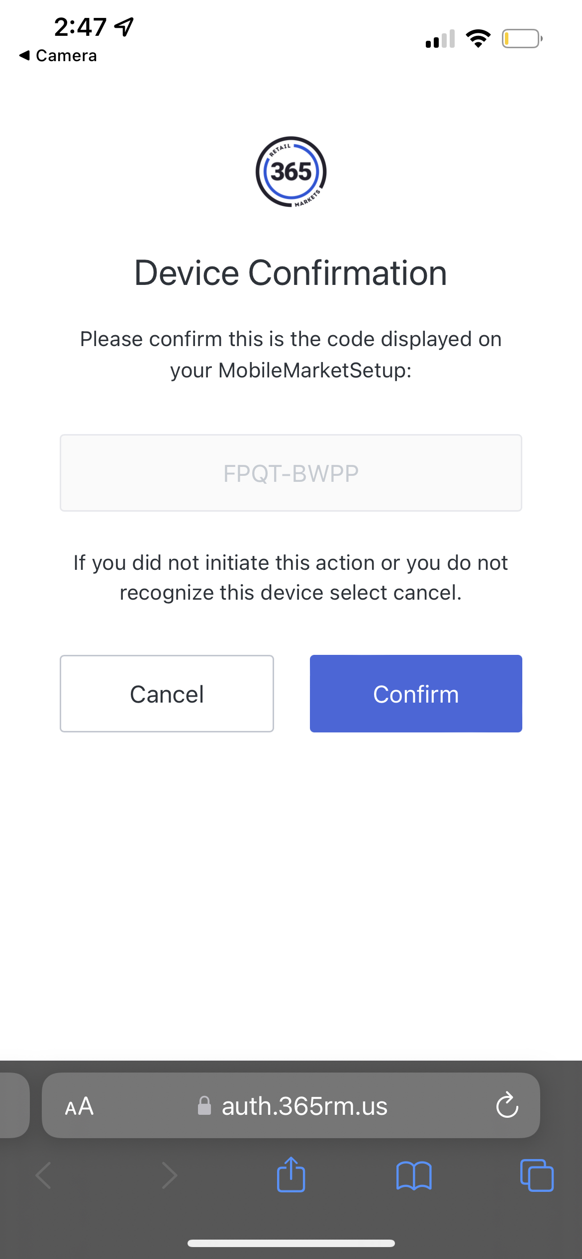 The device confirmation screen on a smart phone, displaying a confirmation code that matches the one displayed on the Pico device
