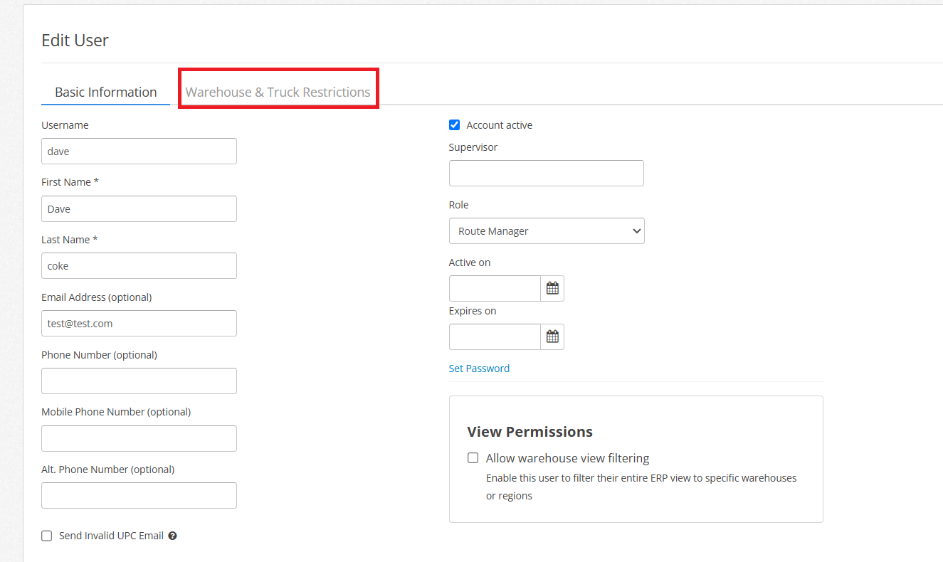 Parlevel - Warehouse and Truck Restrictions Tab