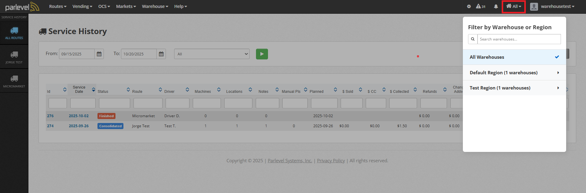 Parlevel - Filter by Warehouse or Region