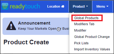 ADM main menu, with the 'Global Products' option selected