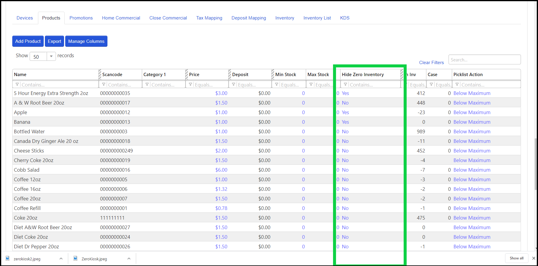 ADM - Products Page - Hide Zero Inventory column highlighted