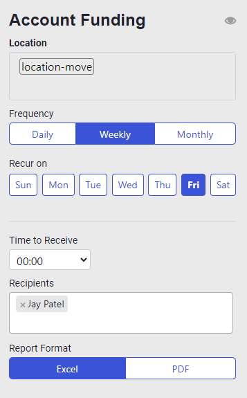 ADM - Reports - Scheduling Account Funding Report - settings