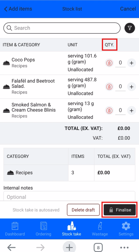 Kafoodle - Mobile Stock Take Tab New Stock View add QTY or Final.png