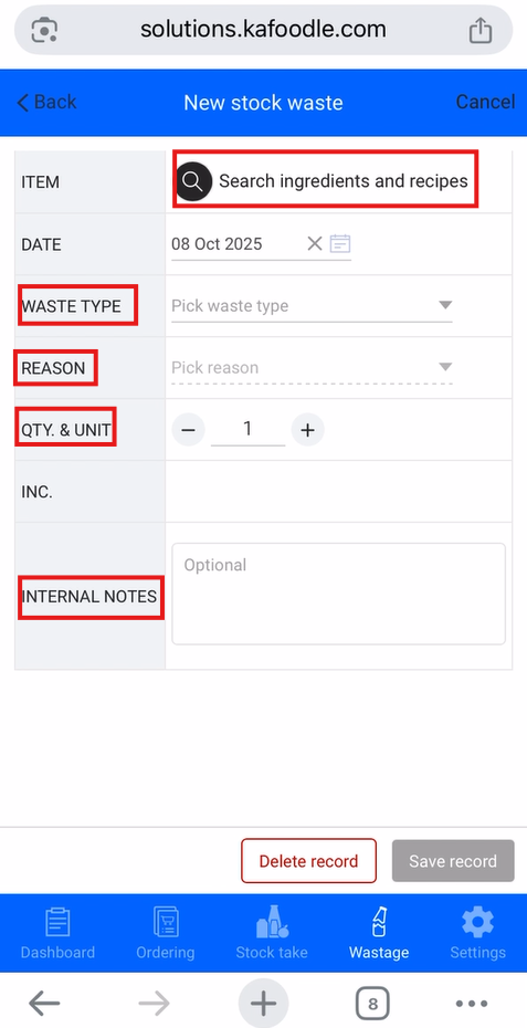 Kafoodle - Mobile Wastage Tab New Stock Waste.png