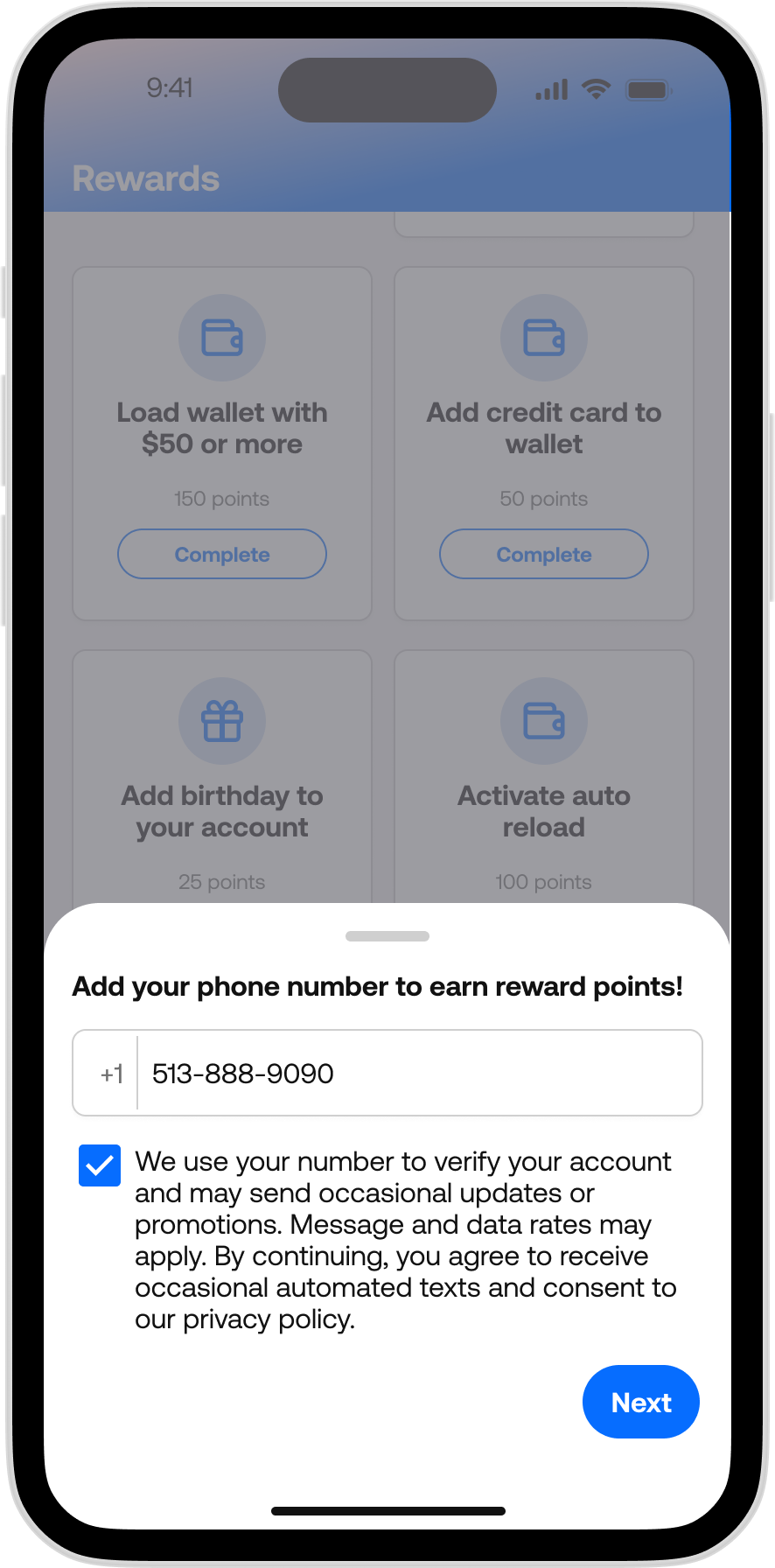 365Pay - Rewards - Add Phone Number Entry