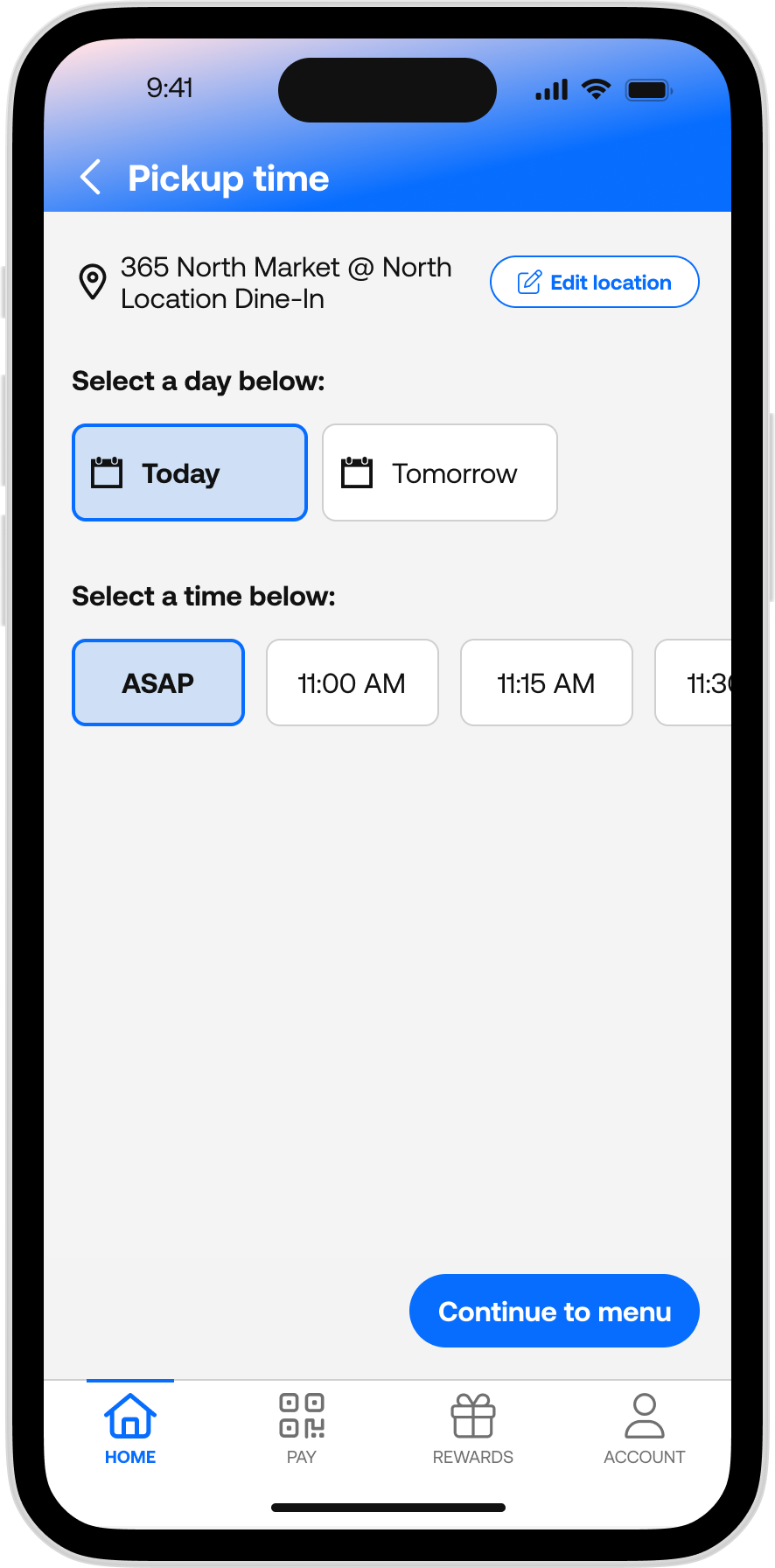 365Pay - Dining Order Now Pickup Time 