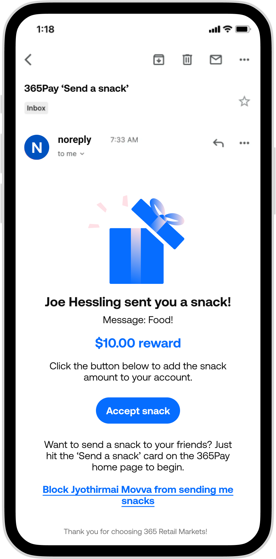 365Pay - Send a Snack Receiver Email