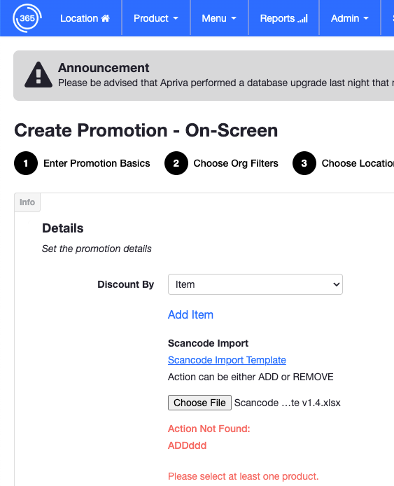 AD - Promotion - Scancode Upload Invalid Action Error