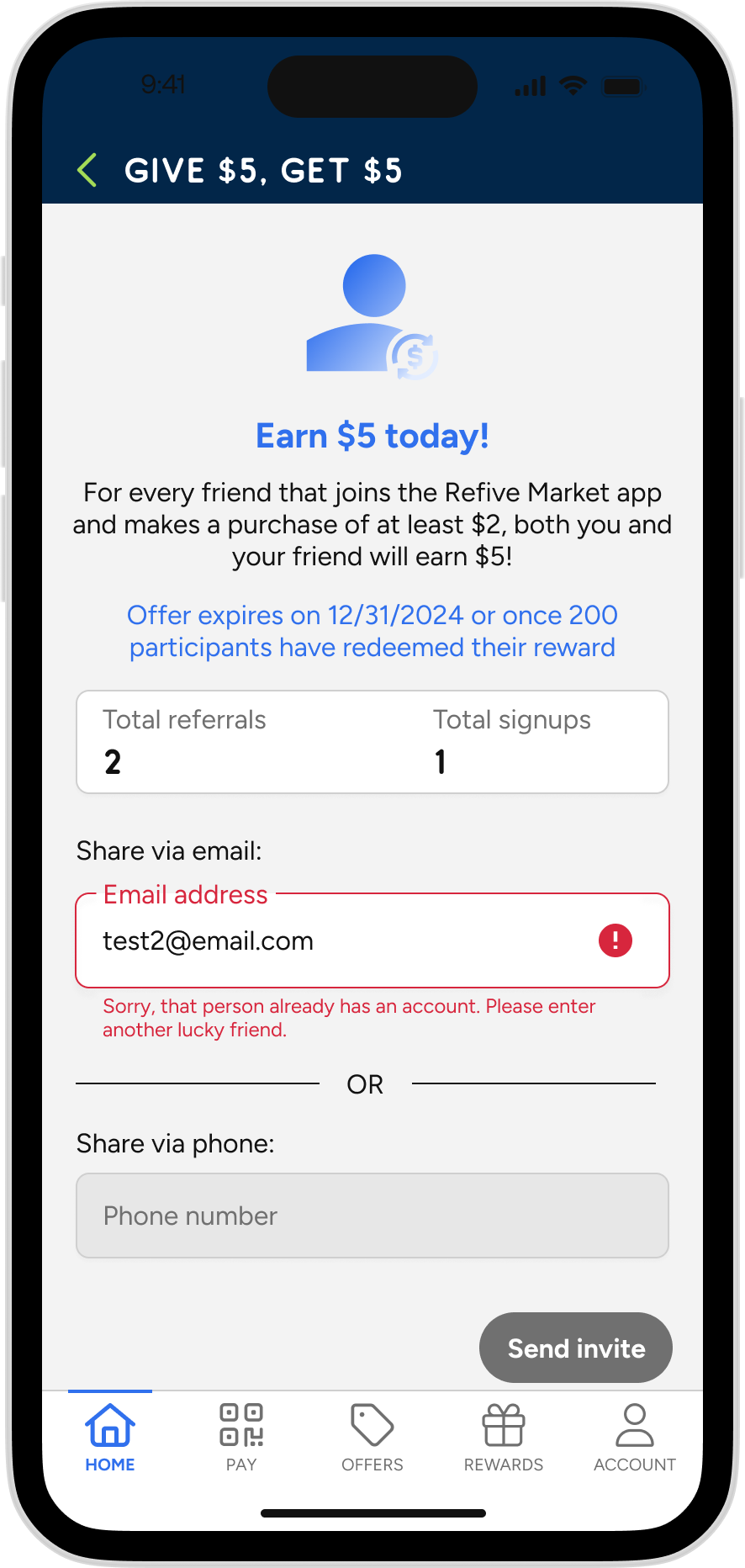Refive - Referrals Account Already Exists 
