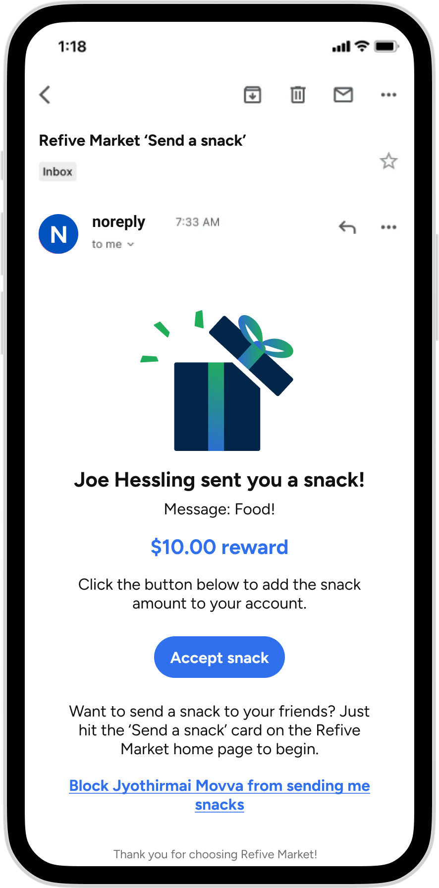Refive - Send a Snack Receiver Email 