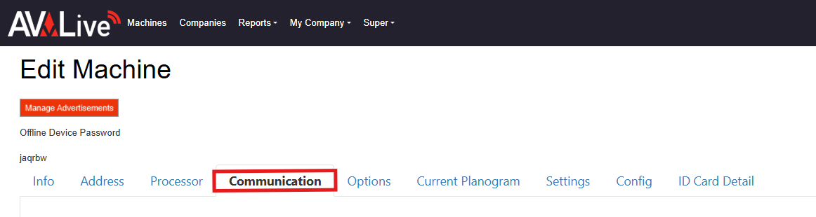 AVLive - Machines - Communication tab