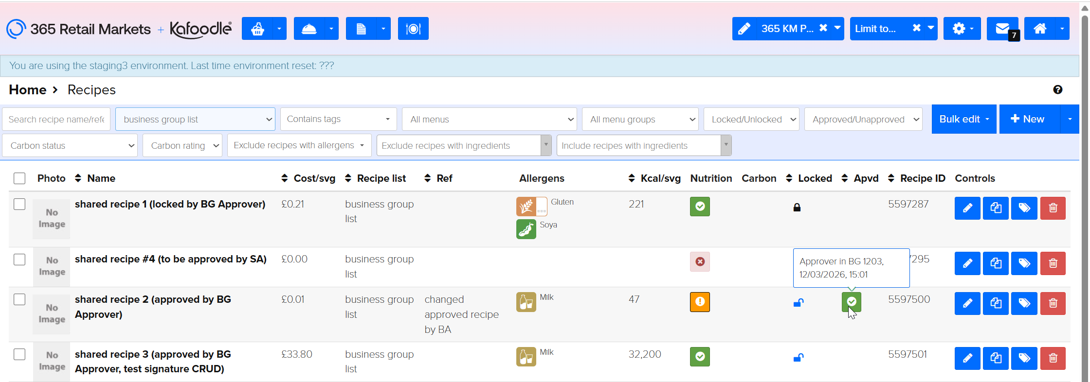 Kafoodle - Recipe List Approved Status