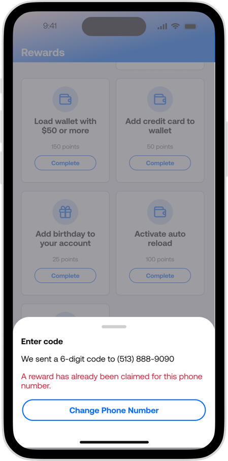 Enhanced GMA Rewards - More Ways to Earn - Add Phone Number - Error - Reward Already Claimed for this Number.png
