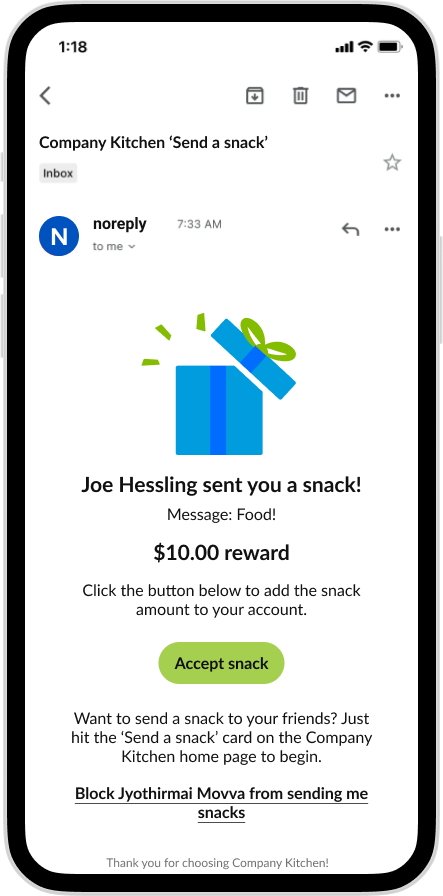 CK App - Send a Snack Receiver Email