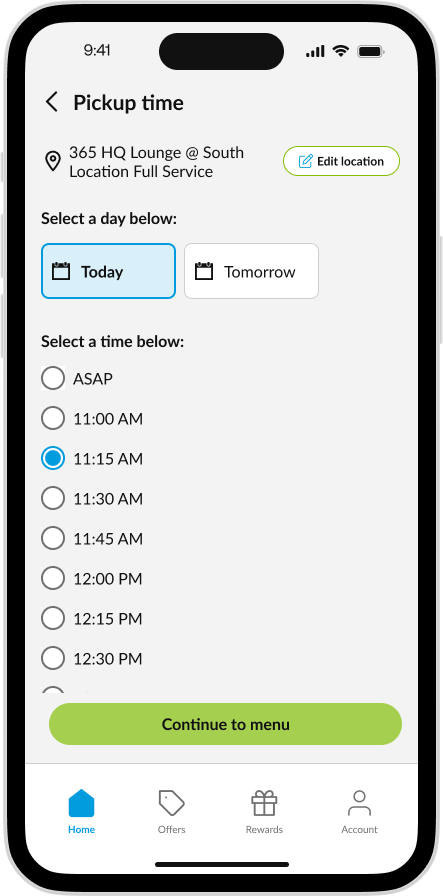CK App - Dining Pickup Time Selected