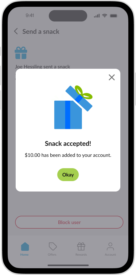 CK App - Send a Snack Receiver Email In App Pop Up
