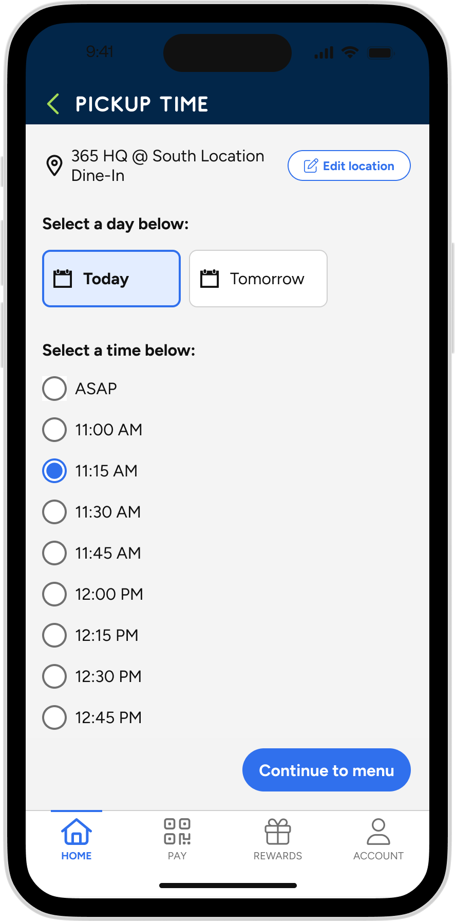 Refive - Dining Order Ahead Pickup Time Selected