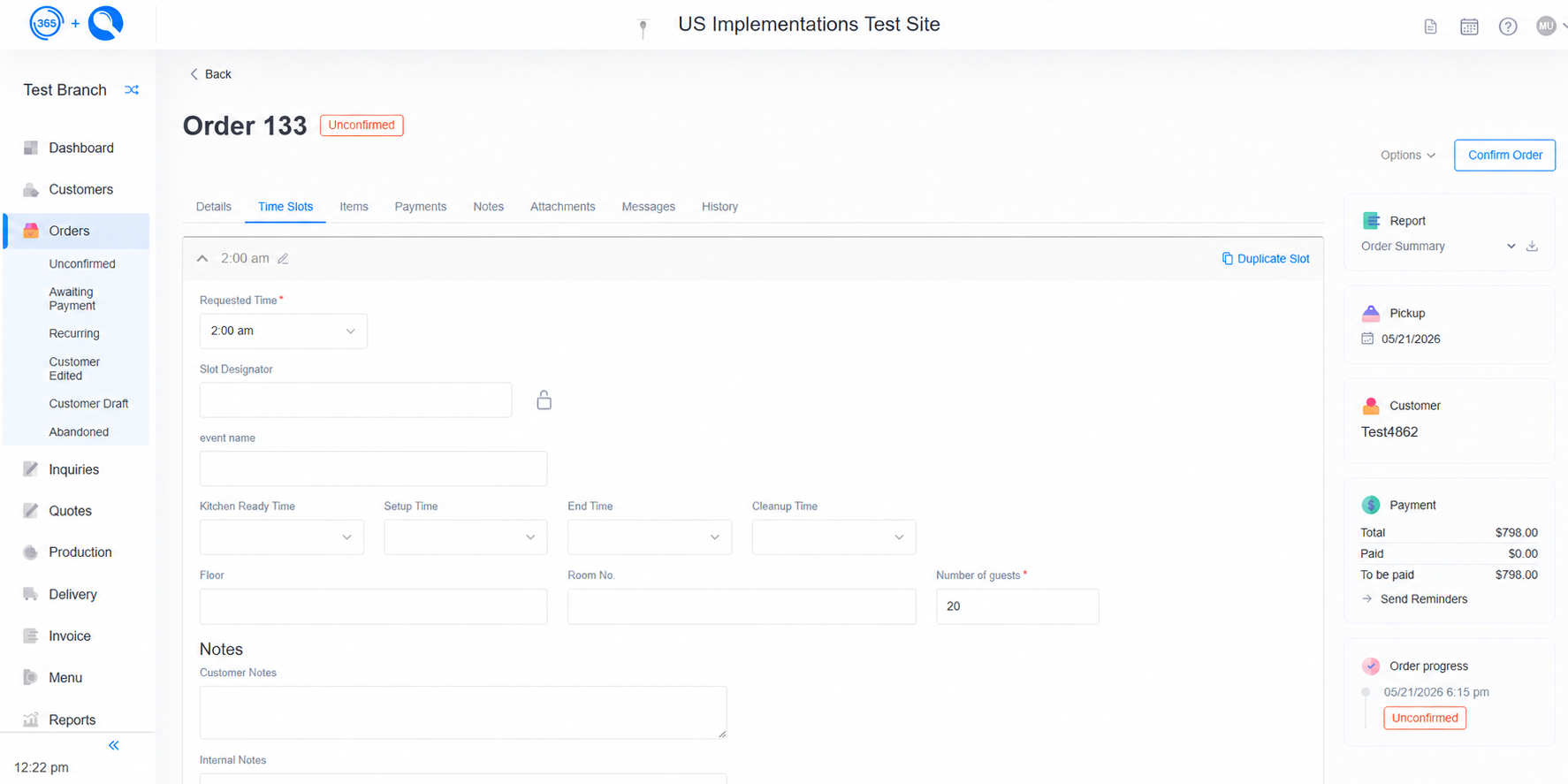 Spoonfed - Order Details Time Slot Tab