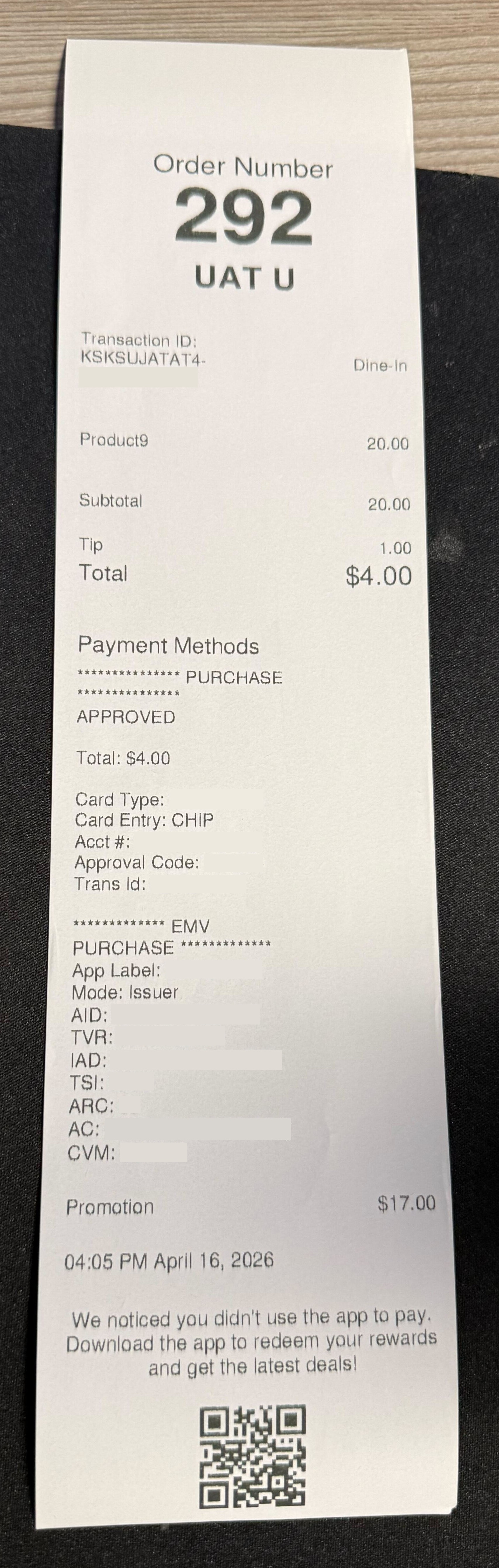 Dining - Optional Tipping Physical Receipt
