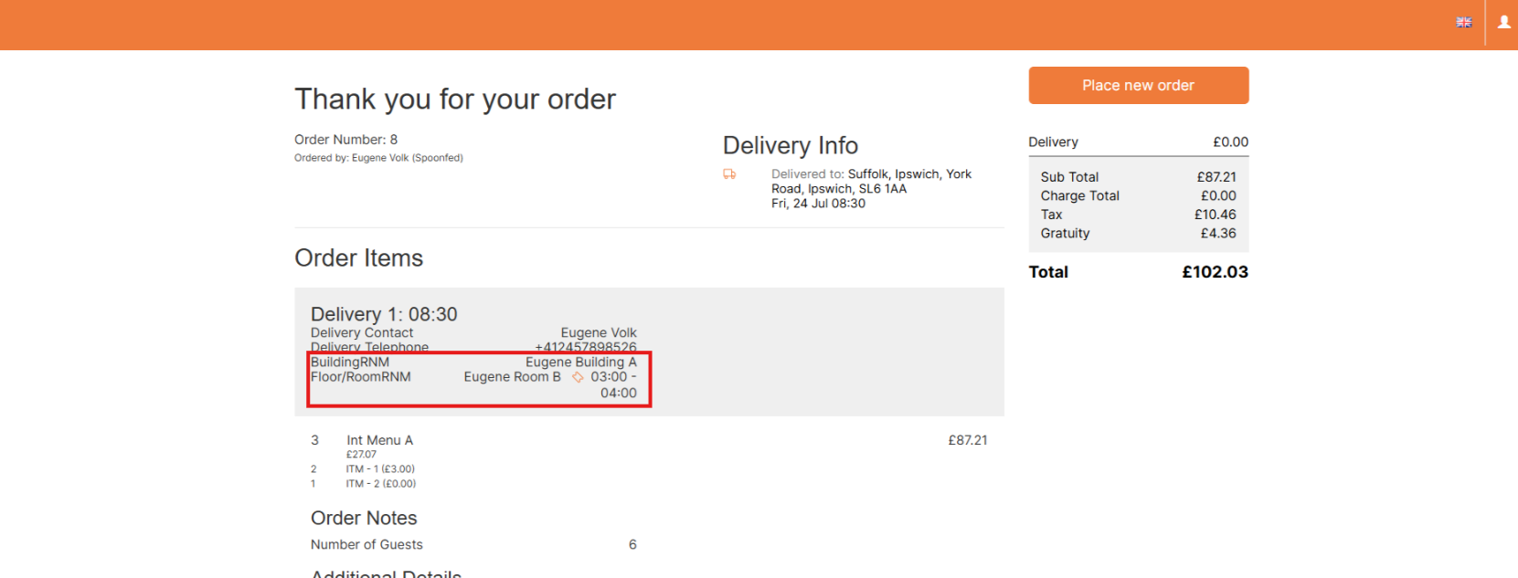 Spoonfed - Online Ordering - Room Reservation Confirmation